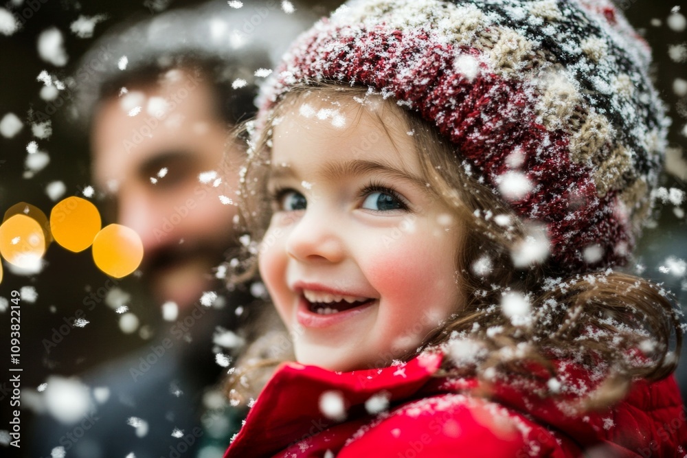 Joyful caucasian young girl in snow with bearded male in background, winter scene Joyful caucasian young girl in snow with bearded male in background, winter scene