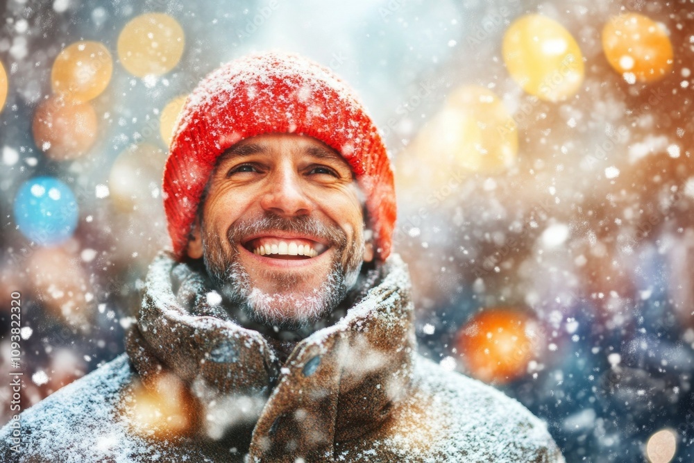 Joyful caucasian male adult smiling in snowy winter wonderland Joyful caucasian male adult smiling in snowy winter wonderland