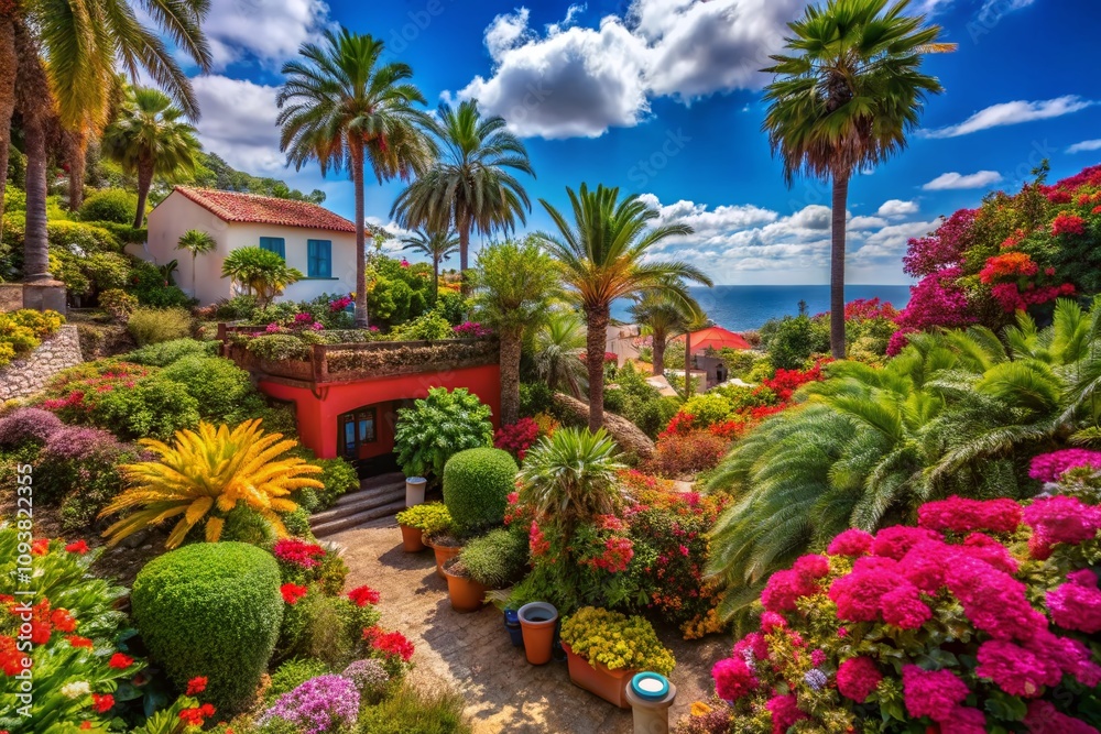 Captivating Portrait of an Exotic Garden on Gran Canaria Island Featuring Diverse Flora, Vibrant Colors, and Lush Greenery in a Serene Tropical Setting Captivating Portrait of an Exotic Garden on Gran Canaria Island Featuring Diverse Flora, Vibrant Colors, and Lush Greenery in a Serene Tropical Setting