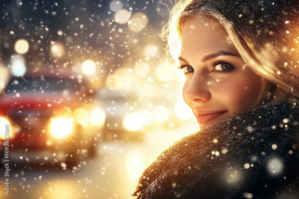 Young caucasian female in snowy urban night with blurred city lights Young caucasian female in snowy urban night with blurred city lights