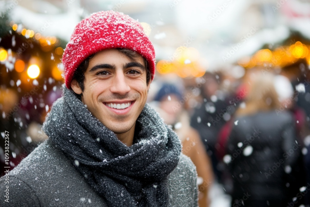 Young hispanic male smiling in red beanie at snowy outdoor market Young hispanic male smiling in red beanie at snowy outdoor market