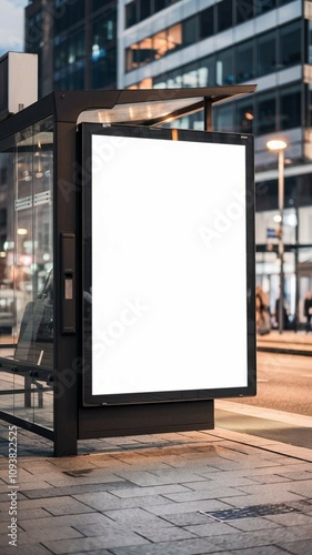 A mockup of a blank white vertical digital billboard poster at a city street bus stop sign at night. The billboard is illuminated.	