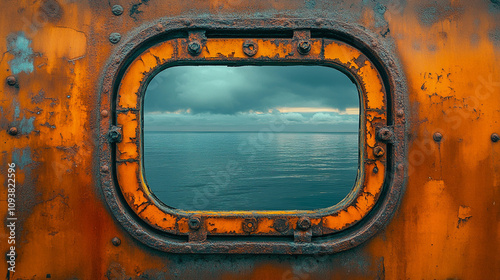 serene ocean view through a round porthole window showcasing the calm and endless sea representing peace solitude and the allure of travel offering a moment of reflection and connection with nature photo