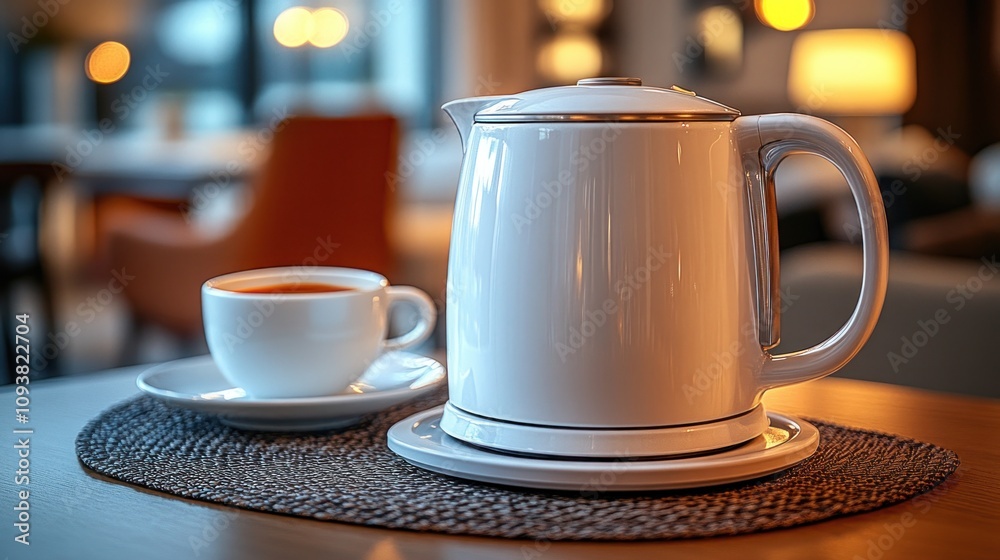 Fototapeta premium White electric kettle and coffee cup on table.