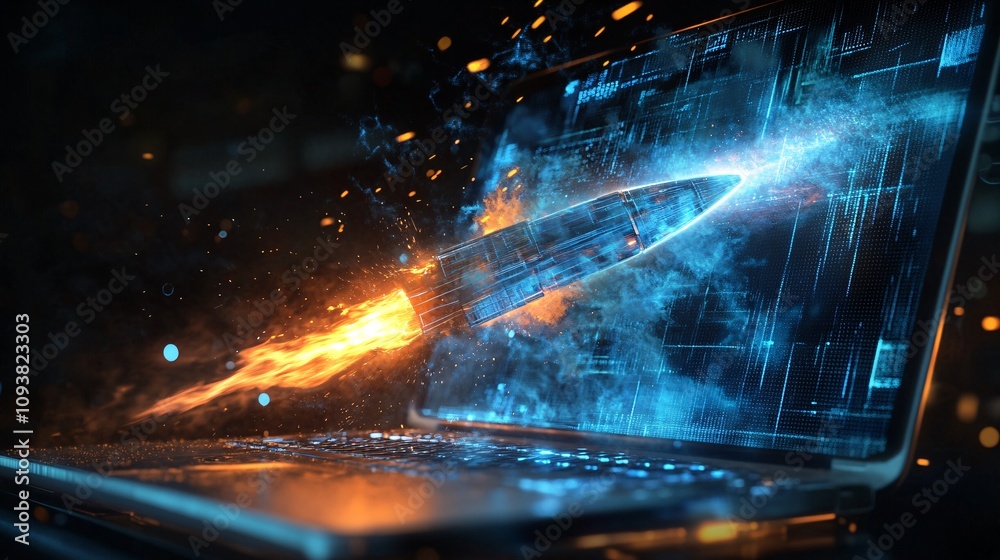 Rocket Launch from Futuristic Laptop Screen Representing Technological Breakthroughs and Innovation in Digital Development
Rocket Launch from Futuristic Laptop Screen Representing Technological Breakthroughs and Innovation in Digital Development
