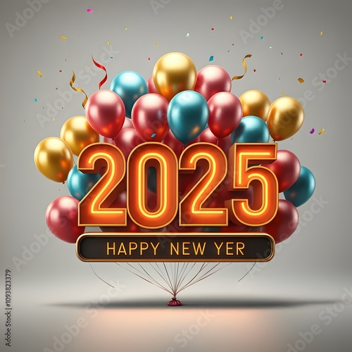 Festive scene featuring glowing golden 2025 numbers illuminated with light bulbs, surrounded by colorful balloons and confetti, with vibrant fireworks lighting up the evening sky. A hyper-realistic, l