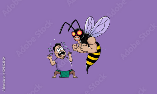 Scared man facing a muscular angry wasp