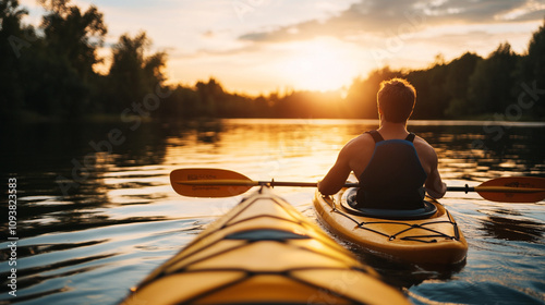 Rear view of a young man kayaking alone on a tranquil lake during sunset surrounded by calm water with the sun's warm golden light reflecting on the surface symbolizing peace solitude and inner journe photo