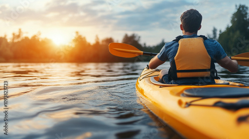 Rear view of a young man kayaking alone on a tranquil lake during sunset surrounded by calm water with the sun's warm golden light reflecting on the surface symbolizing peace solitude and inner journe photo