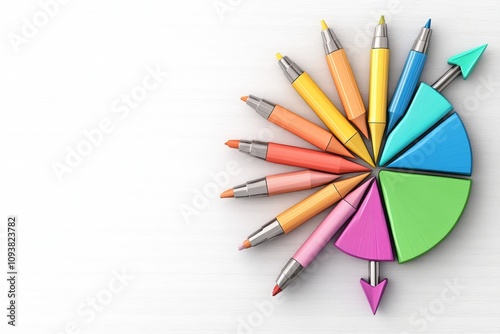 A simplified 2D infographic showing upward arrows and pie charts, with vibrant colors on a white canvas photo