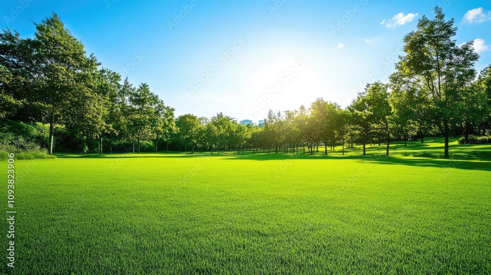 Lush Green Landscape with Bright Sunlight and Clear Sky Showcasing Nature's Beauty in a Serene Park Setting Lush Green Landscape with Bright Sunlight and Clear Sky Showcasing Nature's Beauty in a Serene Park Setting