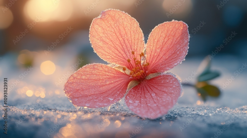 Delicate pink flower covered in frost on snow, backlit by sunset.