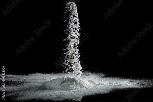 Baking soda powder explode in mid air. Powder of baking soda flying like explosion splashing, prepare to clean food vegetable as sodium bicarbonate carbonate, black background isolated