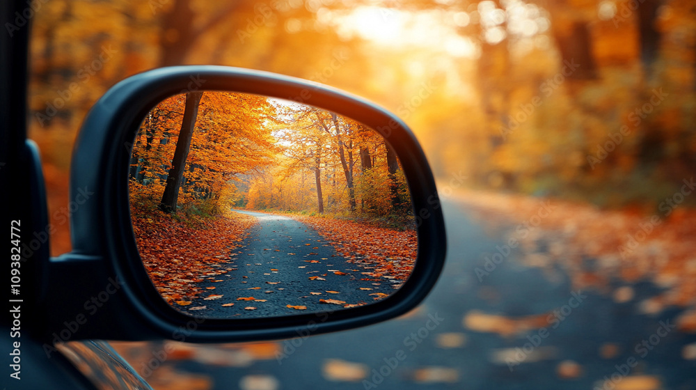 Reflection of a sunny autumn road in a car's side mirror with vibrant fall foliage showing the journey ahead captured in the rearview mirror symbolizing nostalgia and looking back while moving forward Reflection of a sunny autumn road in a car's side mirror with vibrant fall foliage showing the journey ahead captured in the rearview mirror symbolizing nostalgia and looking back while moving forward