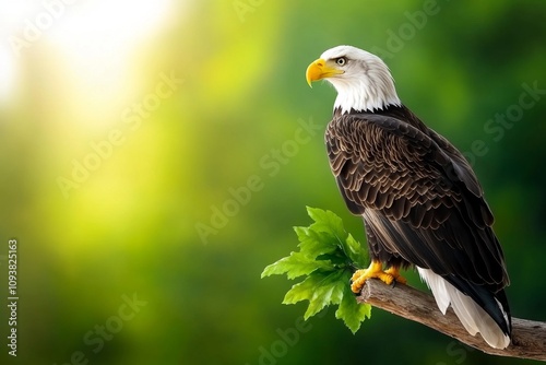 An American eagle clutching a branch with its talons, set against a lush green forest