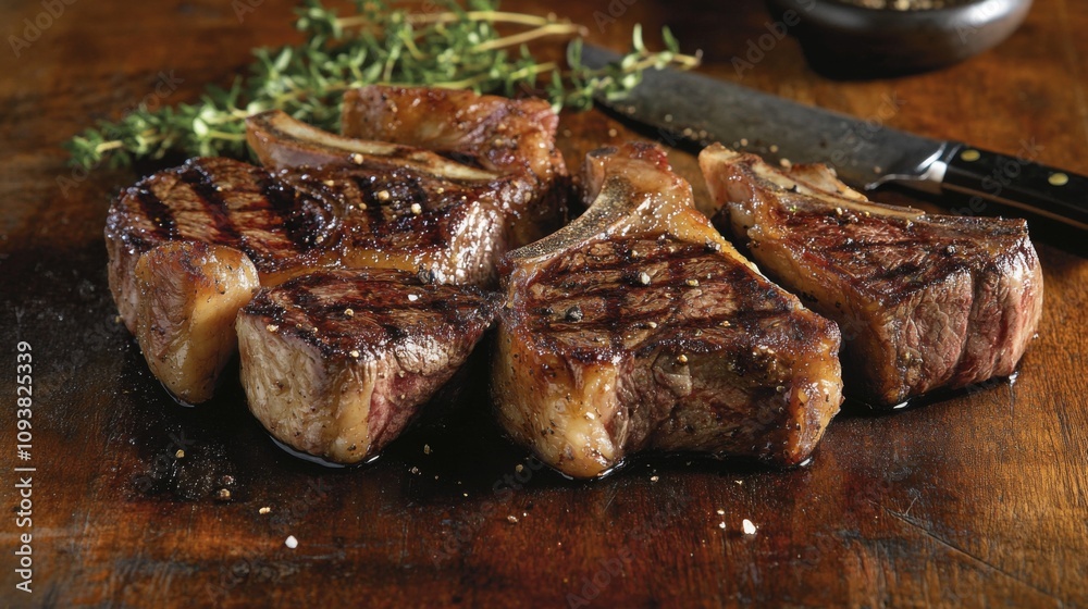 Juicy Grilled Steak with Perfect Grill Marks Garnished with Fresh Thyme on Wooden Cutting Board Ready for Serving in Rustic Kitchen Setting Juicy Grilled Steak with Perfect Grill Marks Garnished with Fresh Thyme on Wooden Cutting Board Ready for Serving in Rustic Kitchen Setting