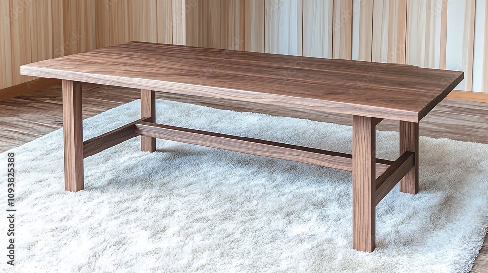 Elegant Modern Walnut Wood Coffee Table on Plush Cream Rug Under Ambient Lighting Elegant Modern Walnut Wood Coffee Table on Plush Cream Rug Under Ambient Lighting