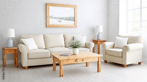 Wallpaper Mural Serene and Inviting Minimal Living Room with Cream Upholstery and Light Pine Wood Furniture Torontodigital.ca
