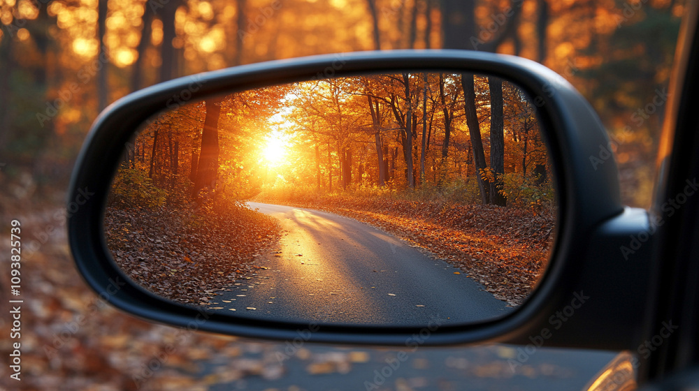 Reflection of a sunny autumn road in a car's side mirror with vibrant fall foliage showing the journey ahead captured in the rearview mirror symbolizing nostalgia and looking back while moving forward Reflection of a sunny autumn road in a car's side mirror with vibrant fall foliage showing the journey ahead captured in the rearview mirror symbolizing nostalgia and looking back while moving forward