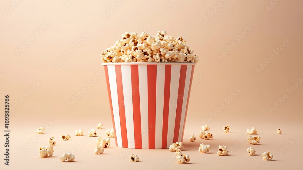 Overflowing Red and White Striped Popcorn Bucket with Crispy Popcorn on a Minimal Beige Background, Surrounded by Scattered Popcorn Kernels
Overflowing Red and White Striped Popcorn Bucket with Crispy Popcorn on a Minimal Beige Background, Surrounded by Scattered Popcorn Kernels