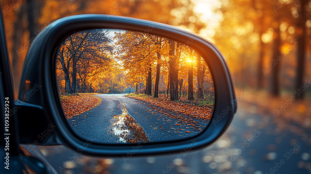 Reflection of a sunny autumn road in a car's side mirror with vibrant fall foliage showing the journey ahead captured in the rearview mirror symbolizing nostalgia and looking back while moving forward Reflection of a sunny autumn road in a car's side mirror with vibrant fall foliage showing the journey ahead captured in the rearview mirror symbolizing nostalgia and looking back while moving forward