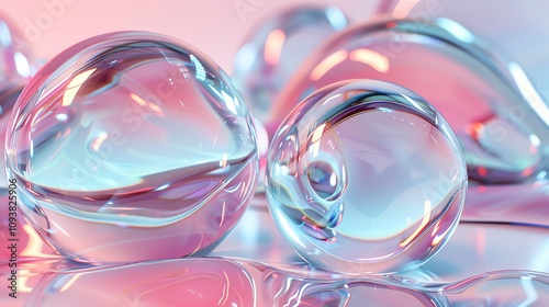 Close up of iridescent glass orbs on a pink background.