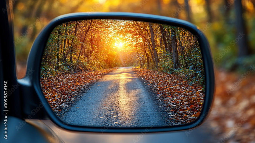 Reflection of a sunny autumn road in a car's side mirror with vibrant fall foliage showing the journey ahead captured in the rearview mirror symbolizing nostalgia and looking back while moving forward