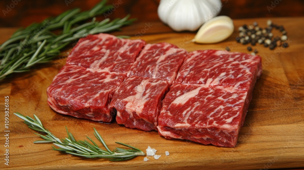 Fresh Raw Marbled Beef Cuts on Wooden Board Surrounded by Garlic, Rosemary Sprigs, Black Peppercorns, and Sea Salt for Culinary Inspiration and Cooking Prep Fresh Raw Marbled Beef Cuts on Wooden Board Surrounded by Garlic, Rosemary Sprigs, Black Peppercorns, and Sea Salt for Culinary Inspiration and Cooking Prep