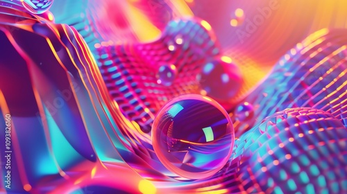 An abstract rendering of glossy, iridescent spheres and wavy surfaces illuminated by neon lights.