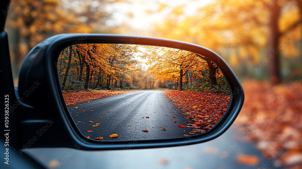 Reflection of a sunny autumn road in a car's side mirror with vibrant fall foliage showing the journey ahead captured in the rearview mirror symbolizing nostalgia and looking back while moving forward Reflection of a sunny autumn road in a car's side mirror with vibrant fall foliage showing the journey ahead captured in the rearview mirror symbolizing nostalgia and looking back while moving forward