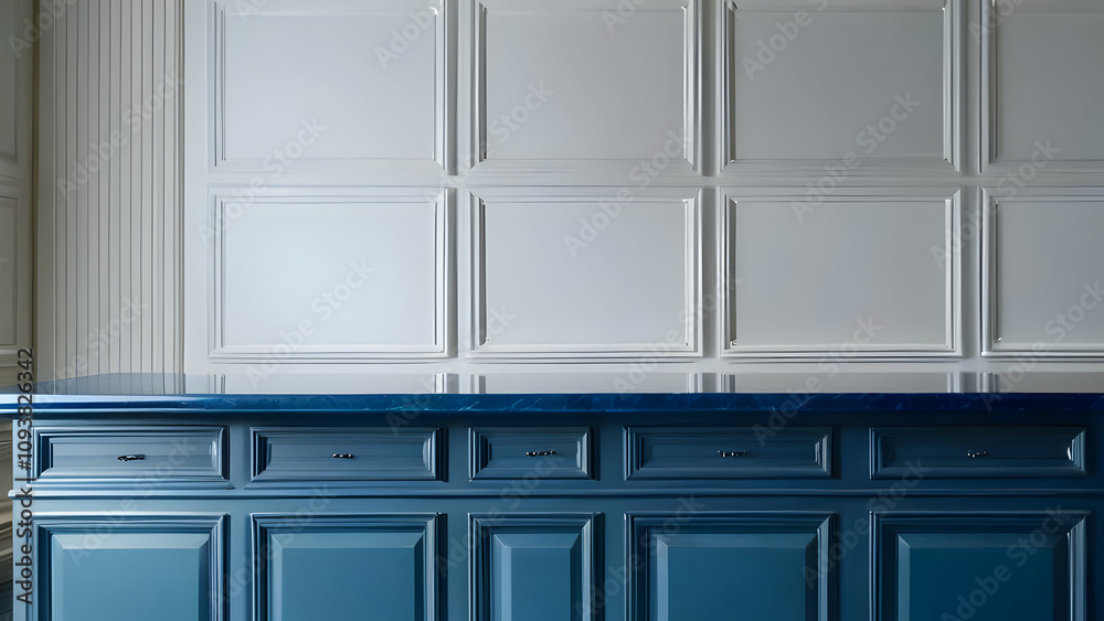 Empty blue tabletop set against refined wall panels, ideal for showcasing sophisticated and premium designs. Empty blue tabletop set against refined wall panels, ideal for showcasing sophisticated and premium designs.