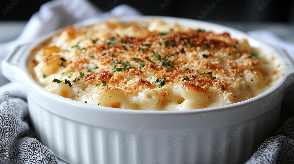 creamy, baked macaroni and cheese served in a white dish, golden and bubbling, inviting comfort and warmth, perfect for family meals or gatherings, symbolizing home-cooked joy and tradition creamy, baked macaroni and cheese served in a white dish, golden and bubbling, inviting comfort and warmth, perfect for family meals or gatherings, symbolizing home-cooked joy and tradition