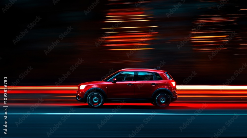 Fast-moving red vehicle, light streaks, vibrant blurred background, sense of speed Fast-moving red vehicle, light streaks, vibrant blurred background, sense of speed