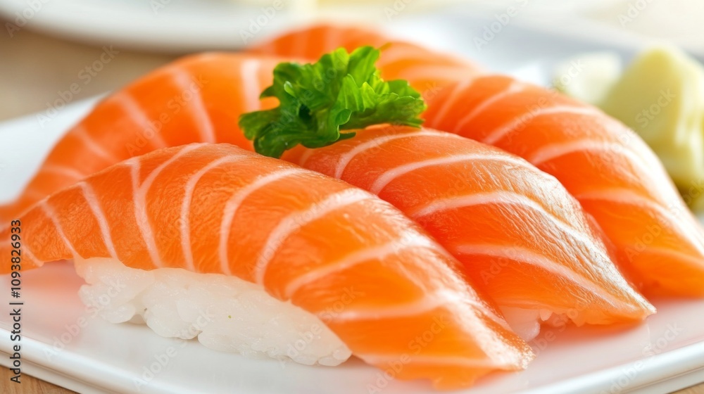 Fresh and Colorful Salmon Sushi Slices Served on a White Plate with Parsley Garnish and Accompanied by Wasabi and Pickled Ginger Fresh and Colorful Salmon Sushi Slices Served on a White Plate with Parsley Garnish and Accompanied by Wasabi and Pickled Ginger