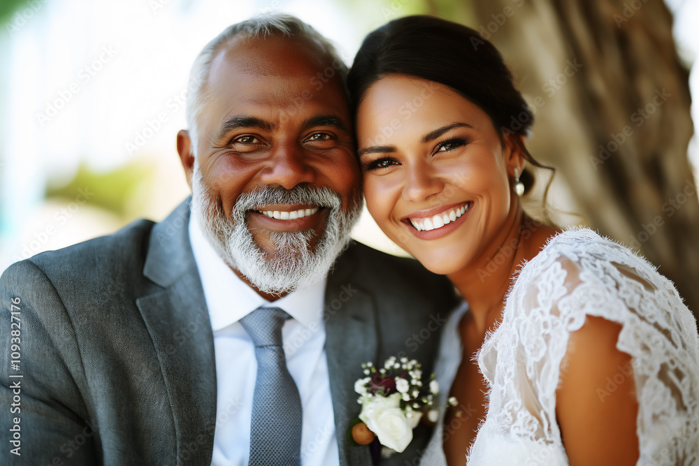 Beautiful Hispanic bride hugging her father at wedding ceremony, copy space Beautiful Hispanic bride hugging her father at wedding ceremony, copy space