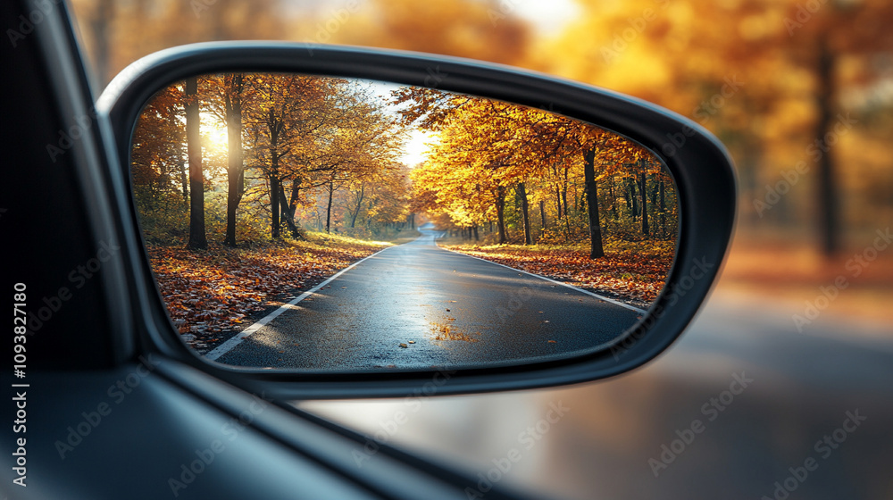 Reflection of a sunny autumn road in a car's side mirror with vibrant fall foliage showing the journey ahead captured in the rearview mirror symbolizing nostalgia and looking back while moving forward Reflection of a sunny autumn road in a car's side mirror with vibrant fall foliage showing the journey ahead captured in the rearview mirror symbolizing nostalgia and looking back while moving forward
