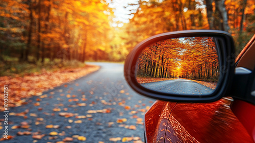 Reflection of a sunny autumn road in a car's side mirror with vibrant fall foliage showing the journey ahead captured in the rearview mirror symbolizing nostalgia and looking back while moving forward