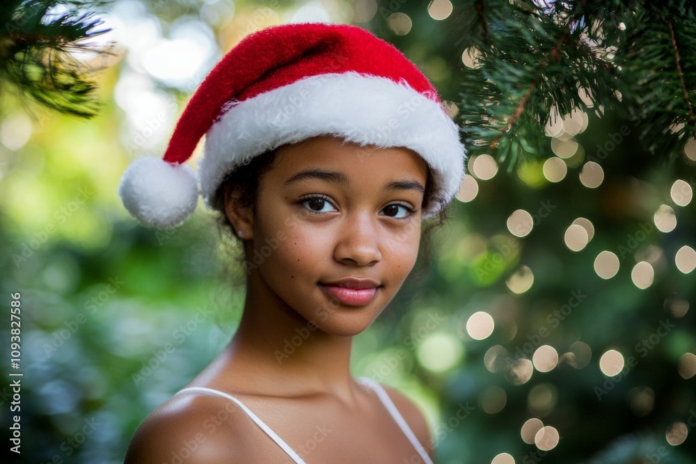 African young female in santa hat surrounded by festive greenery African young female in santa hat surrounded by festive greenery