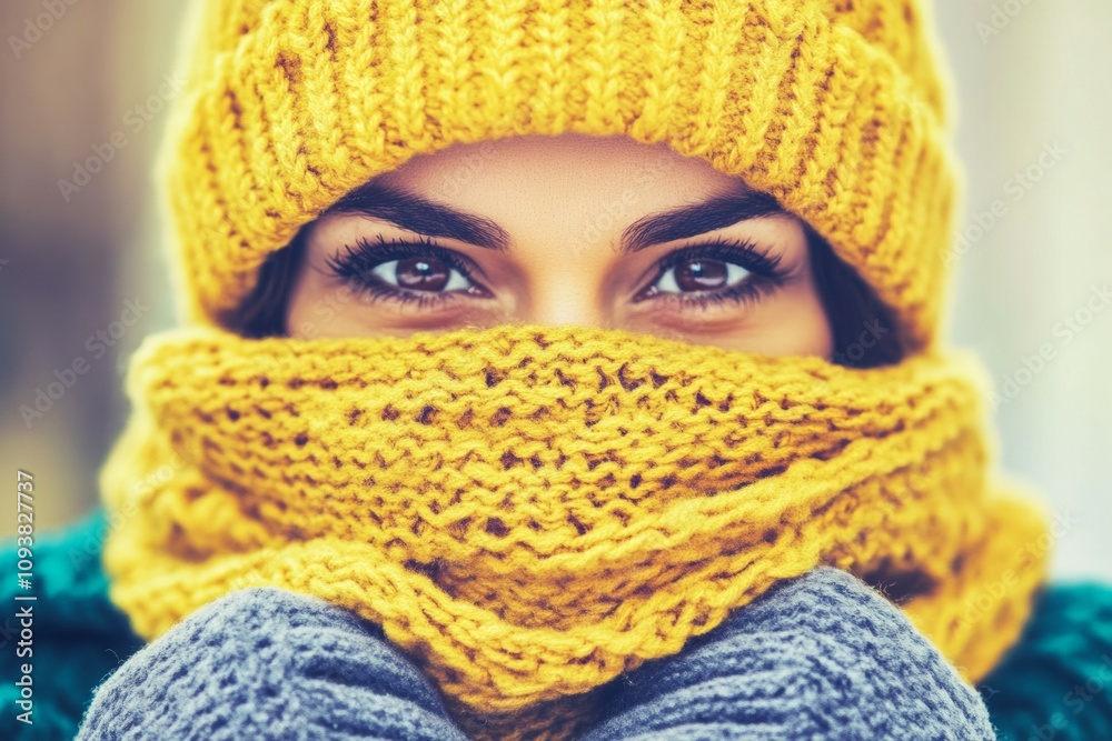Cozy winter close-up of female in yellow knit scarf and hat Cozy winter close-up of female in yellow knit scarf and hat