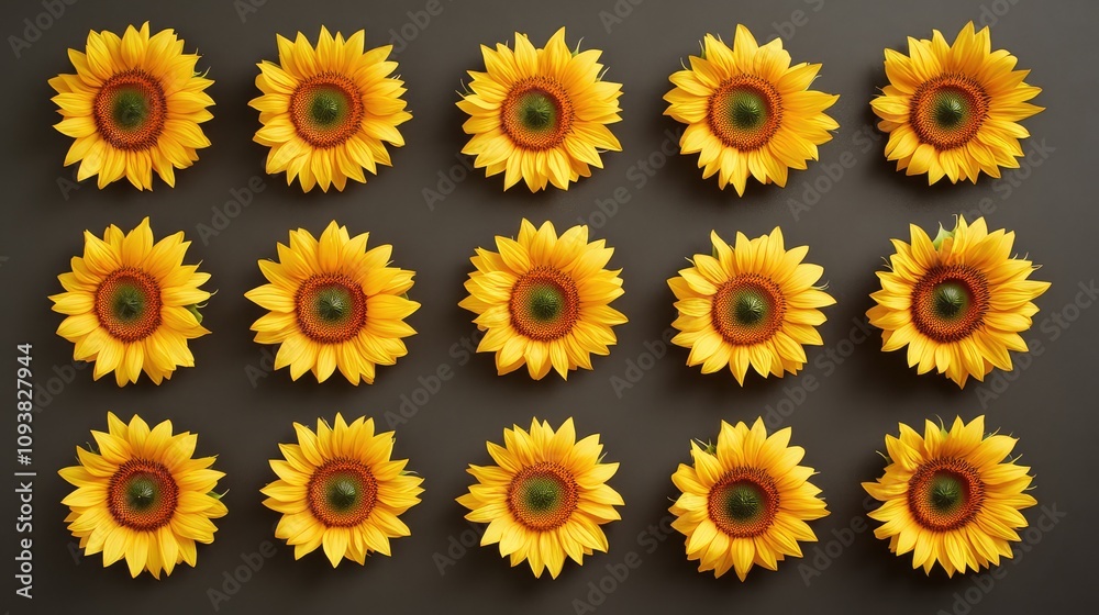 Bright and Cheerful Sunflowers Arranged in a Geometric Pattern on a Dark Background, Perfect for Celebrating Summer and Nature's Beauty in Art and Design Projects Bright and Cheerful Sunflowers Arranged in a Geometric Pattern on a Dark Background, Perfect for Celebrating Summer and Nature's Beauty in Art and Design Projects