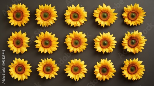 Bright and Cheerful Sunflowers Arranged in a Geometric Pattern on a Dark Background, Perfect for Celebrating Summer and Nature's Beauty in Art and Design Projects