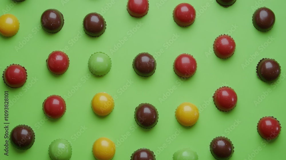 Colorful Arrangement of Round Confectionery Candies on a Bright Green Background for Sweet Treat Inspiration and Festive Celebrations Colorful Arrangement of Round Confectionery Candies on a Bright Green Background for Sweet Treat Inspiration and Festive Celebrations