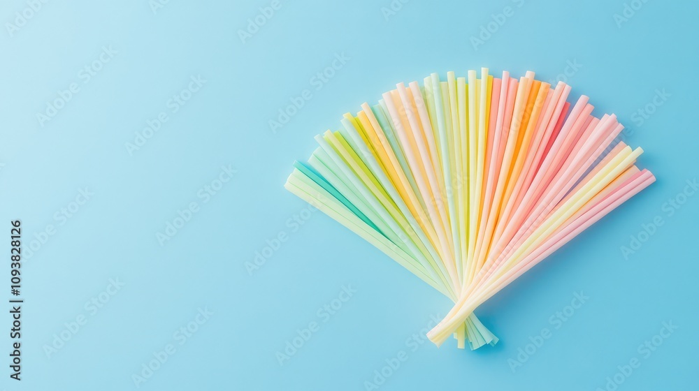 Colorful Straws Arranged in a Fan Shape on a Soft Blue Background for Refreshing Beverages and Summer Parties, Adding a Touch of Fun and Joy to Any Drink Occasion