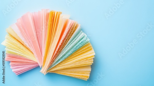 Colorful Selection of Paper Sheets Fanned Out on a Blue Background Showcasing Varied Textures and Pastel Hues Ideal for Crafting and Design Projects photo