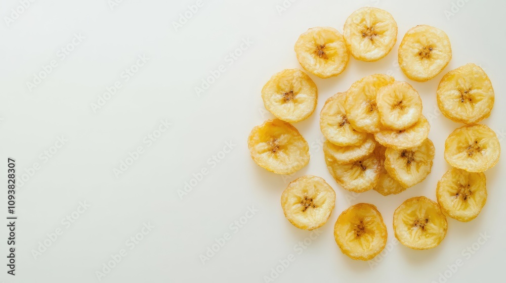 Freshly Dried Banana Chips Arranged Artfully on a Light Background Highlighting Their Natural Sweetness and Crunchy Texture Perfect for Healthy Snacking or Cooking