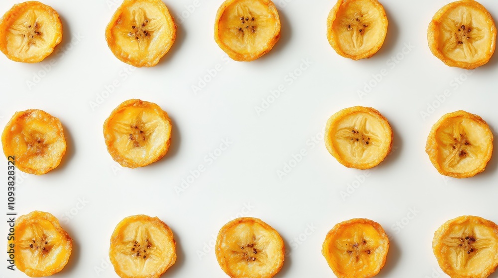 Dried Banana Slices Arranged in a Pattern on White Background for Healthy Snack Concept, Delicious Treat, Nutrition, and Culinary Uses Dried Banana Slices Arranged in a Pattern on White Background for Healthy Snack Concept, Delicious Treat, Nutrition, and Culinary Uses
