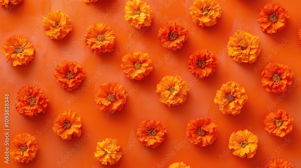 Vibrant Orange Marigold Flowers Arranged on a Bold Orange Background Creating a Stunning Floral Display for Creative Projects and Designs Vibrant Orange Marigold Flowers Arranged on a Bold Orange Background Creating a Stunning Floral Display for Creative Projects and Designs
