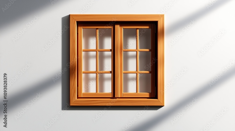 Obraz premium Classic wooden window frame in a rich, polished wood texture, centered and isolated on a clean white background, detailed grain and crisp, symmetrical lines