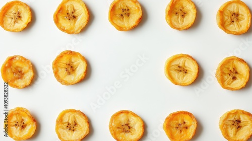 Dried Banana Slices Arranged in a Pattern on White Background for Healthy Snack Concept, Delicious Treat, Nutrition, and Culinary Uses