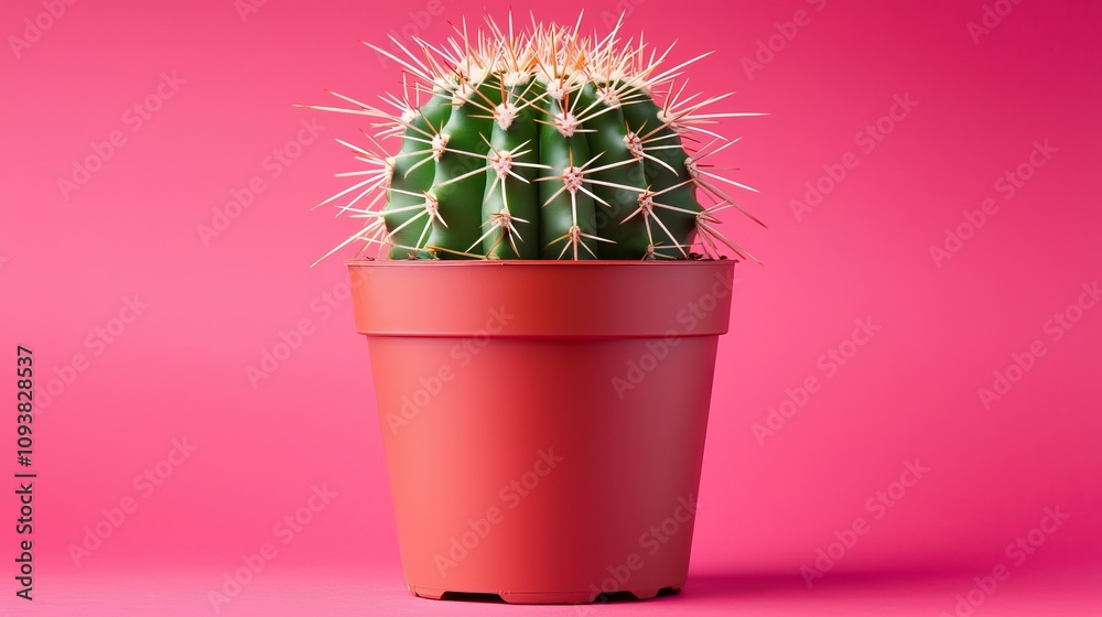 Close-up cactus in pot, vibrant pink background, minimal shadows, straight-on shot, sharp details, perfect for contemporary plant product advertisements